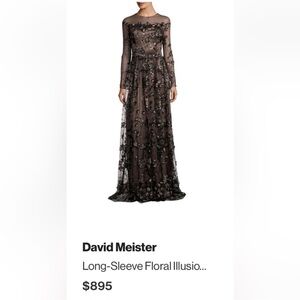 David Meister Sheer Black Floral Illusion Gown Size 8